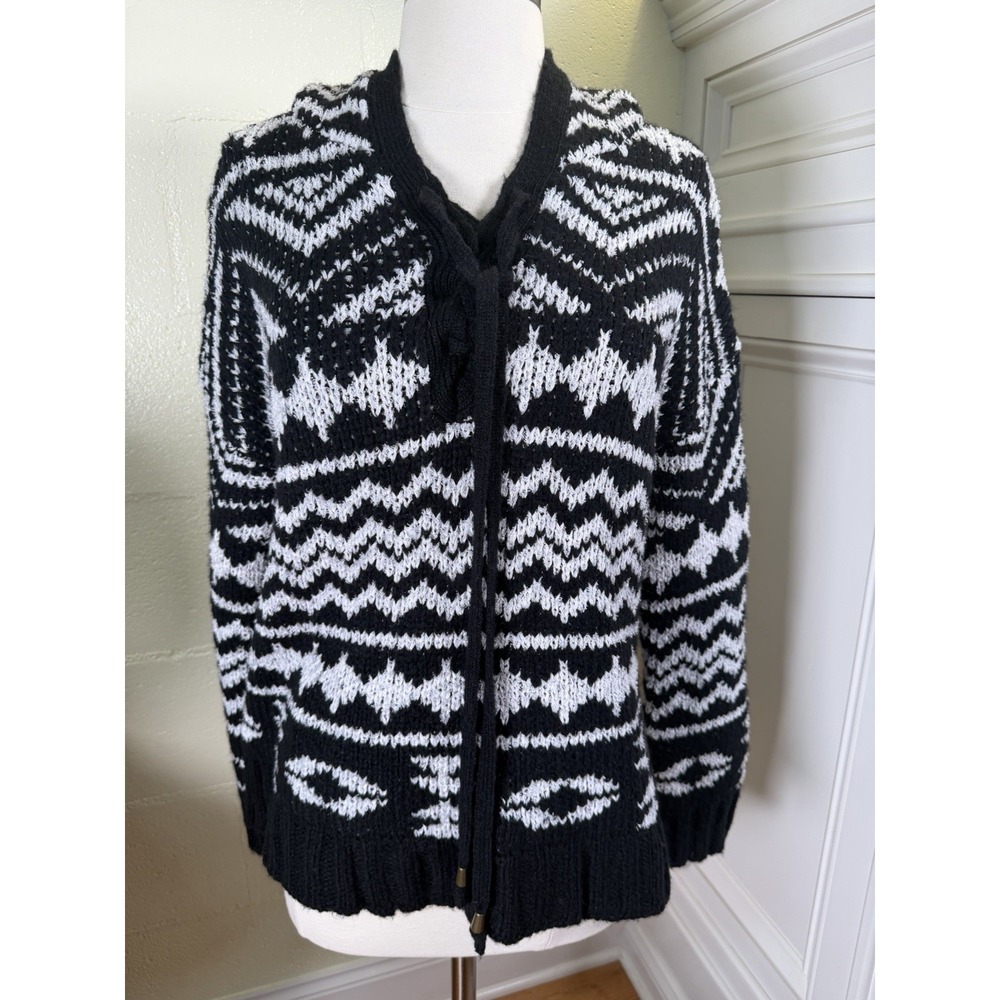 Anthropologie M Black White Hooded Knit Cardigan Sweater Tie Front Boho
